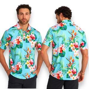 Bad Birdie Mens Tropics Golf Polo Shirt Large Hawaiian Floral Wrinkle-Free $78